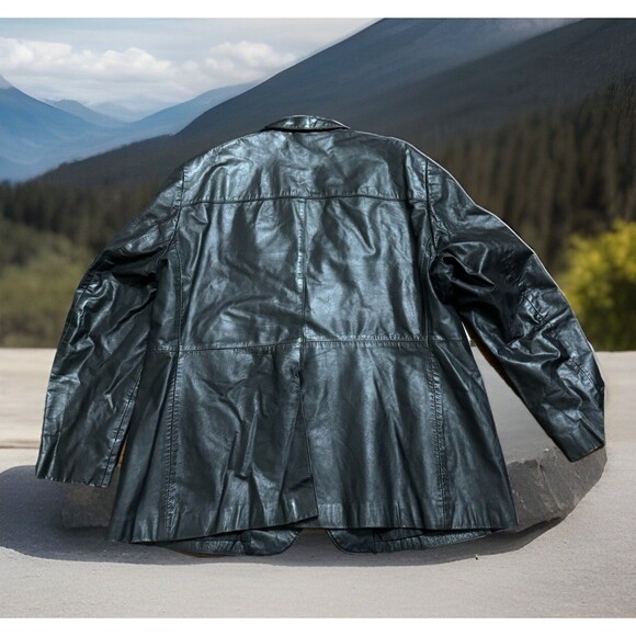 Vintage Genuine Leather Blazer Men 52 Black 2 Button 3 Pockets Made In Brazil - Picture 2 of 7